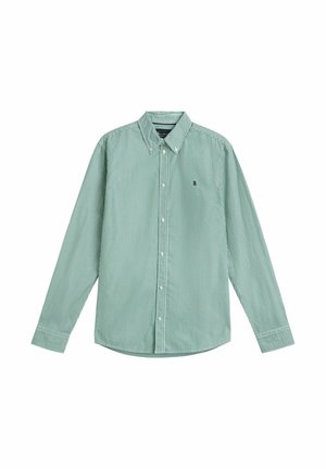 Grønstribet langærmet skjorte lavet af let stof, med en knappet krave og en lille broderet logo på brystet.