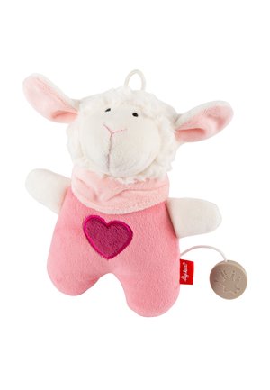 Giocattolo in peluche morbido a forma di agnello bianco e rosa con un cuore sul corpo e una scatola musicale a corda attaccata.