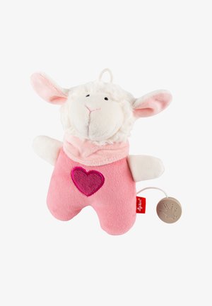 Giocattolo in peluche morbido a forma di agnello bianco e rosa con un cuore sul corpo e una scatola musicale a corda attaccata.