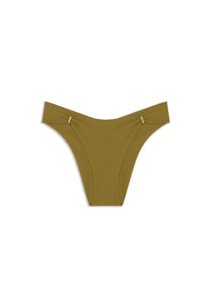 Olive green bikini bottom with high-cut legs and gold-tone accents on each side, displayed on a white background.