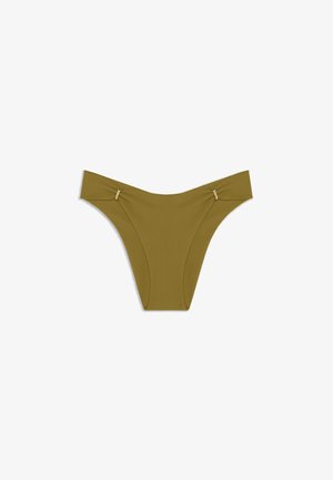 Olive green bikini bottom with high-cut legs and gold-tone accents on each side, displayed on a white background.