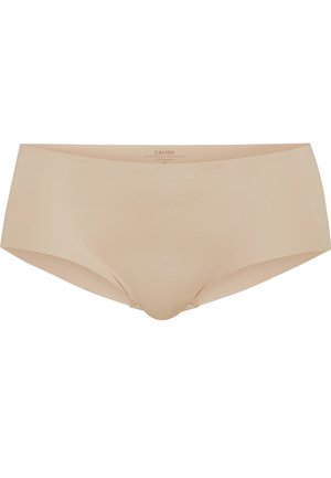 Slip da donna beige realizzato in tessuto liscio. Presenta un elastico in vita a giro basso e bordi senza cuciture per un aspetto elegante. Nessun hardware o motivo visibile.