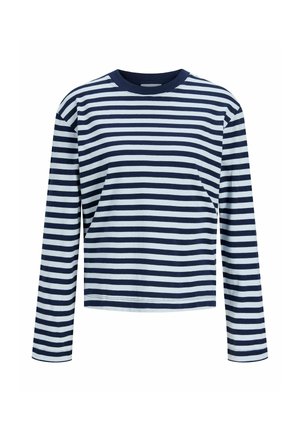 Camicia a maniche lunghe con righe orizzontali blu navy e bianche e scollo rotondo blu navy su sfondo semplice.