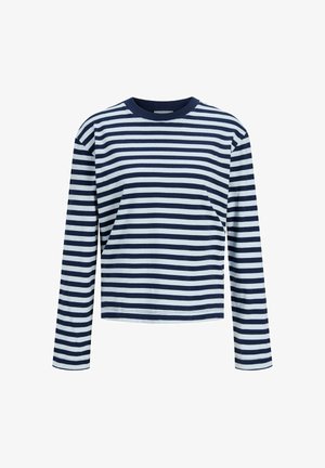 Chemise à manches longues avec des rayures horizontales bleu marine et blanches et un col rond bleu marine sur un fond uni.