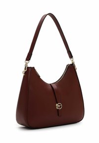 Braune Lederhandtasche mit runder Form, ausgestattet mit einem Reißverschluss, goldfarbenen Hardware-Details und einem einzelnen Schultergurt.