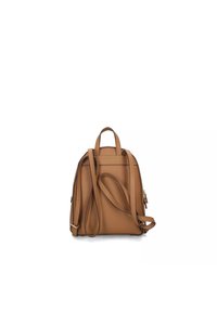 Mini zaino in pelle marrone con doppi manici, spallacci regolabili, chiusura con zip e texture liscia. Design compatto e strutturato.