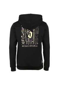 Sudadera negra con una textura agradable al tacto, que presenta un diseño gráfico en púrpura y dorado en la parte posterior. Incluye capucha con cordón y puños acanalados.