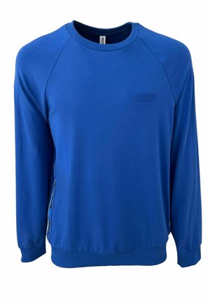 Felpa blu a maniche lunghe in cotone, con collo a girocollo, polsini a costine e un logo in evidenza sul petto, arricchita da dettagli a pannello laterale in contrasto.