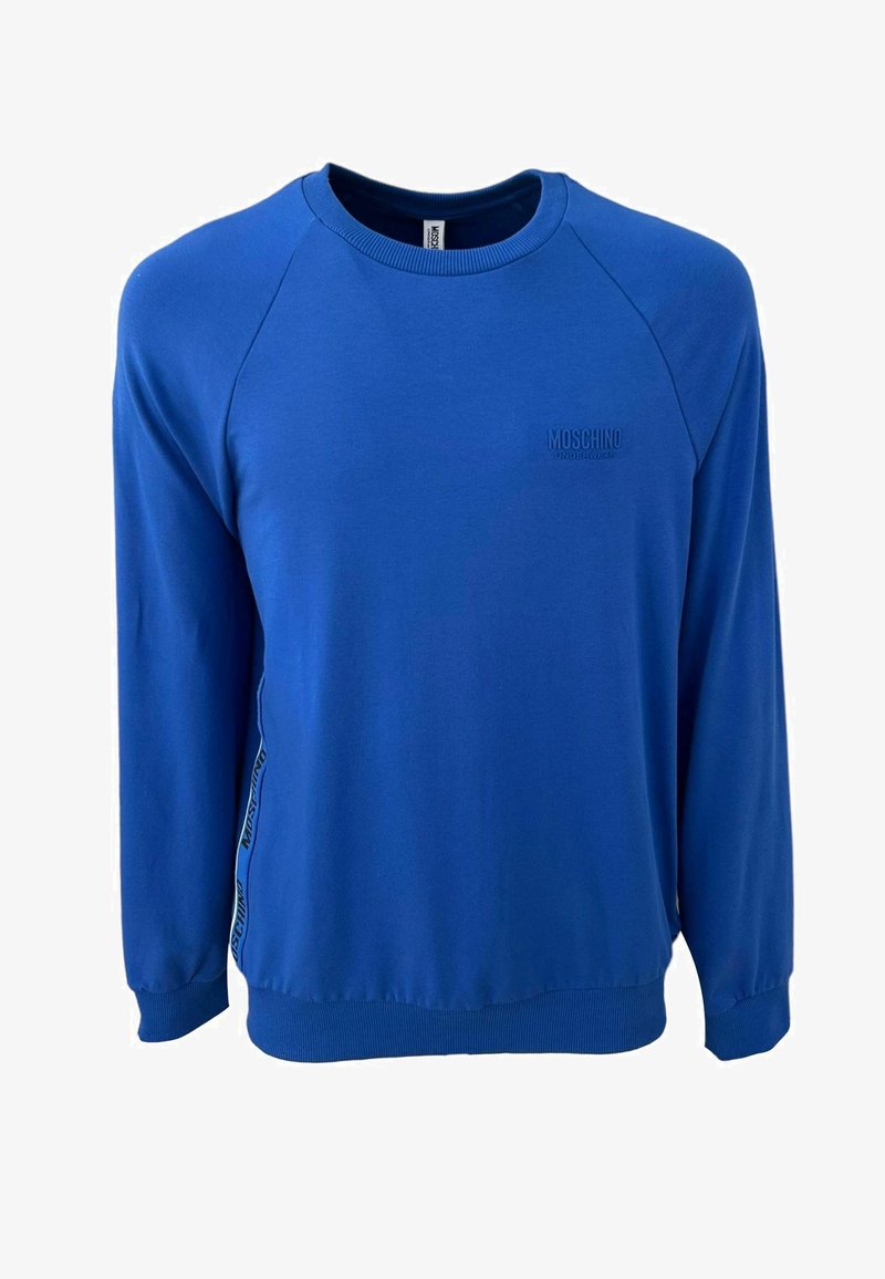 Felpa blu a maniche lunghe in cotone, con collo a girocollo, polsini a costine e un logo in evidenza sul petto, arricchita da dettagli a pannello laterale in contrasto.