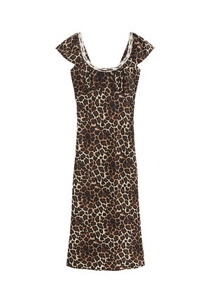 Abito midi senza maniche con stampa leopardata e scollatura arricciata rifinita con pizzo bianco, aderente al busto e alla vita.