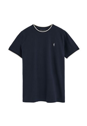 Navy blue short-sleeve crewneck T-shirt with white trim on neckline and sleeve edges, featuring small white polo player logo on chest.