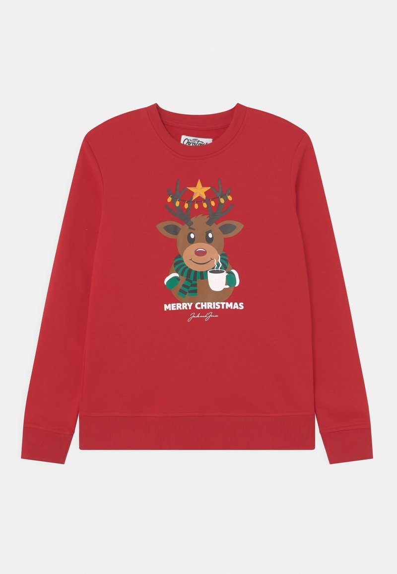 Red sweatshirt featuring a cartoon reindeer with antlers, a star, and lights. "Merry Christmas" text below the design. Casual fit.