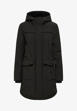 Zwarte parka jas met capuchon, voorzien van verticale naden, twee voorkruiszakken en een met rits sluitende handzak. Gladde stof met een gestructureerde voering.