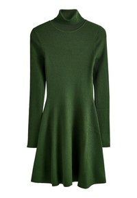 Robe tricotée verte avec un col montant, des manches longues et une jupe évasée. La texture côtelée et le corsage ajusté mettent en valeur la silhouette.