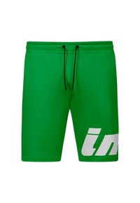 Pantaloni sportivi verdi con una vita regolabile tramite cordoncino, caratterizzati da un grande motivo bianco sulla gamba sinistra e una superficie liscia e opaca.
