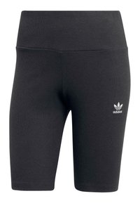Svarta ribbade cykelshorts med hög midja. Har en liten vit Adidas-logotyp på nedre vänstra sidan. Slät tygtextur.