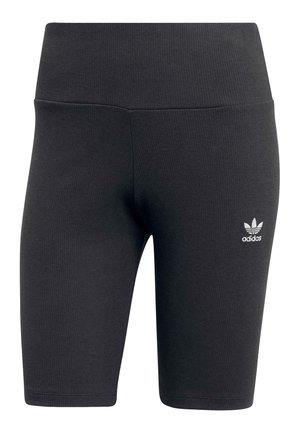 Fekete bordázott kerékpáros nadrág magas derékkal. A bal alsó oldalon egy apró fehér Adidas logó található. Sima szövettextúra.