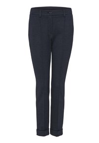 Pantalon bleu marine ajusté avec fermeture à bouton et zip, passants pour ceinture, motif texturé subtil et ourlets revers.