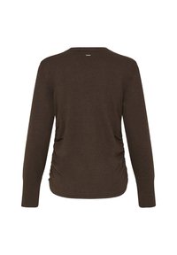 Pruun pikkade varrukatega top, valmistatud pehmest materjalist, millel on ümmargune kaelus ja külgedel kogutud detailid lisamõõtme ja tekstuuri loomiseks.