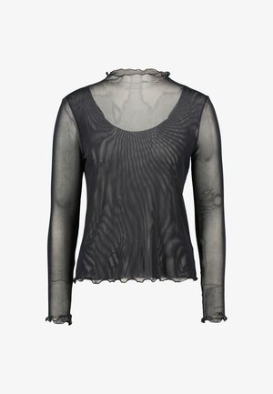 Czarna przezroczysta bluzka z długim rękawem, okrągłym dekoltem, teksturowanym materiałem oraz falbankami na rękawach i dole. Lekka i dopasowana do sylwetki.