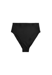 Črni bikini spodnji del z visokim pasom iz gladkega, raztegljivega materiala; brezšivna zasnova in zmerno pokritje. Brez vzorcev ali okraskov.