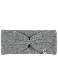 Gray knit headband with a twisted design at the center, featuring a small brand tag on one side. Textured fabric, soft and stretchy.