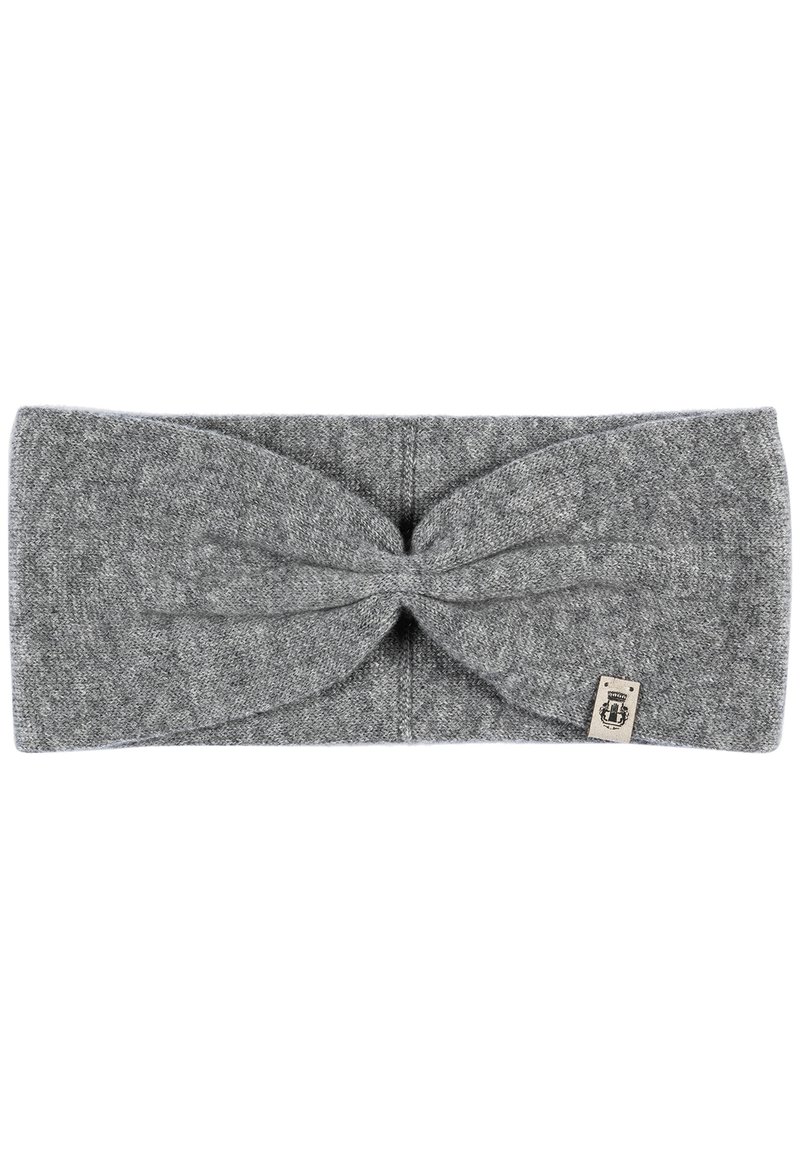 Gray knit headband with a twisted design at the center, featuring a small brand tag on one side. Textured fabric, soft and stretchy.