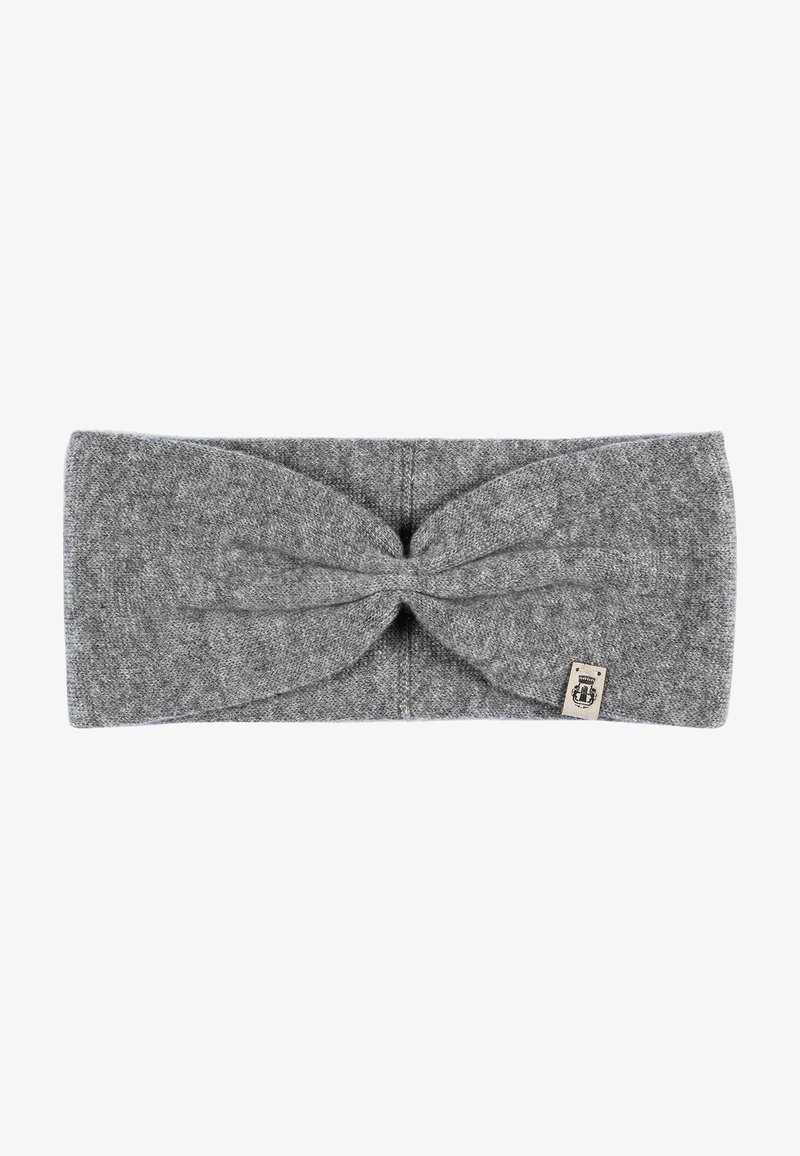 Gray knit headband with a twisted design at the center, featuring a small brand tag on one side. Textured fabric, soft and stretchy.