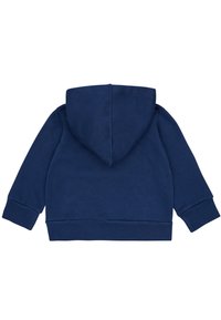 Felpa con cappuccio di colore blu navy, a maniche lunghe, realizzata in materiale morbido, dotata di tasca a marsupio e polsini e orlo a costine.