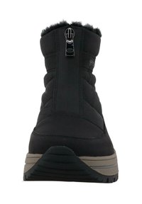 Czarne ocieplane zimowe buty z wyściółką, z zamkiem błyskawicznym i teksturowaną gumową podeszwą. Posiadają sztuczny futrzany kołnierz oraz szare akcenty.