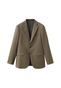 Maslinasto zeleni sako od glatke tkanine, s urezanim reverom, dva prednja džepa i zatvaranjem na jedan gumb.
