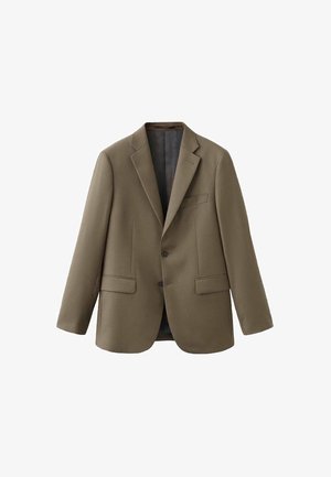 Oljčno zelen suknjič iz gladkega blaga, z zarezanim ovratnikom, dvema sprednjima žepoma in zapiranjem na en gumb.