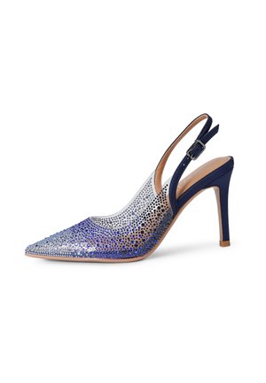 Scarpa con tacco alto e punta a triangolo, decorata con strass sfumati blu e cinturino alla caviglia in blu navy con fibbia.