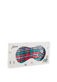 Mascherina per occhi Etam con motivo a quadri nei colori rosso, verde e blu, dotata di una finestra trasparente e un'illustrazione di un cane giocoso sulla confezione.