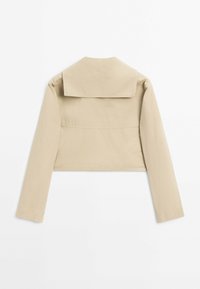 Beige cropped jacket with long sleeves and a wide, flat collar shown from the back on a white background.