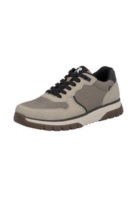 Beige and gray athletic shoes with mesh and suede materials, black laces, patterned design, and textured sole for grip and comfort.