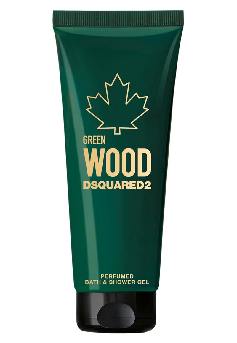 Tubo verde scuro con base nera, con testo dorato. Grafica distintiva di una foglia d'acero. L'etichetta indica "Gel doccia e bagno profumato Green Wood."