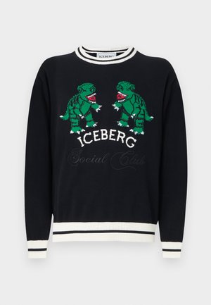 Pulover negru cu tiv alb, prezentând doi dinozauri verzi față în față deasupra textului "ICEBERG Social Club" pe piept.