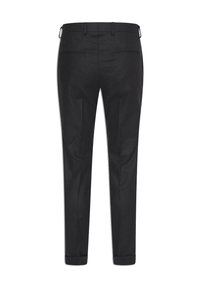Black tailored trousers with a slim fit, featuring two rear pockets, belt loops, and cuffed hems for a polished appearance.
