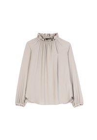 Hellbeige Bluse mit langen Ärmeln, hohem Rüschensaumkragen und gerafften Details am Ausschnitt und den Bündchen, lockere Passform.