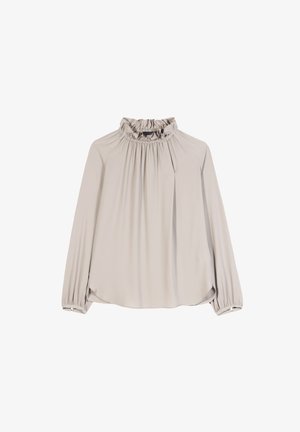 Hellbeige Bluse mit langen Ärmeln, hohem Rüschensaumkragen und gerafften Details am Ausschnitt und den Bündchen, lockere Passform.