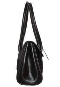 Sac à main en cuir noir avec deux longues poignées, au design épuré et à la finition texturée. Le sac présente des coutures visibles et une forme plissée.