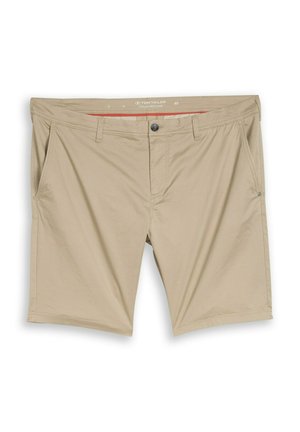 Beige kniehohe Shorts mit Seitentaschen, Knopfverschluss und Gürtelschlaufen, Größe 40, Marke Tom Tailor.
