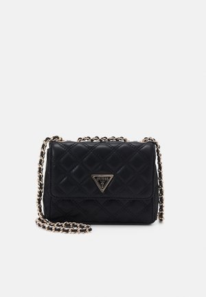 Black quilted handbag with a triangular logo patch, featuring a gold-tone chain strap and a flap closure. Smooth texture and compact design.