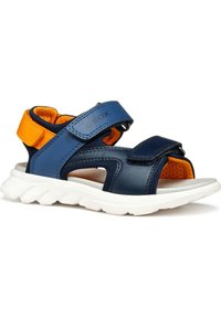 Blue and orange sandals with adjustable Velcro straps, leather upper, and breathable mesh lining, featuring a textured white sole.
