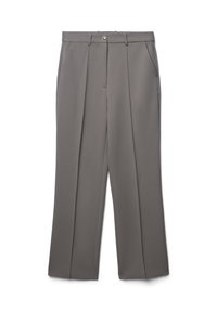 Pantalon gris avec un design légèrement structuré, comportant deux poches avant, une fermeture à bouton et des plis à l'avant pour plus de détail.
