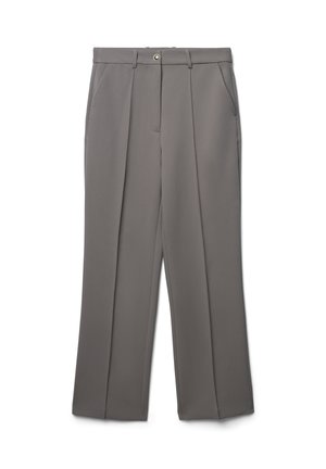 Pantalon gris avec un design légèrement structuré, comportant deux poches avant, une fermeture à bouton et des plis à l'avant pour plus de détail.