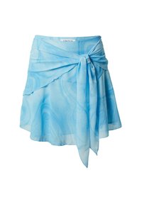 Blauer Chiffonwickelrock mit marmoriertem Muster, der an der Vorderseite eine Knoten-Detailierung und eine A-Linien-Silhouette aufweist. Leicht und fließendes Design.