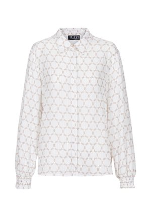 Witte blouse met lange mouwen, knoopsluiting en een beige geometrisch zeshoekig patroon, met geplooide manchetten, van het merk Tuzzi.