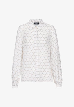 Witte blouse met lange mouwen, knoopsluiting en een beige geometrisch zeshoekig patroon, met geplooide manchetten, van het merk Tuzzi.